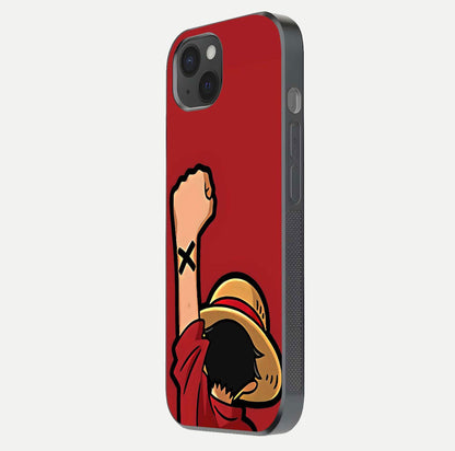 Luffy X Spirit Glass Case for iPhone 15 Plus side-angle image highlighting reflection strength and anime print