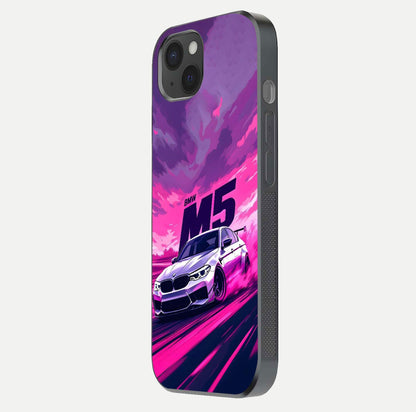 MS Neon Car Glass Case for iPhone 15 Plus side-angle image showing glow reflection and car detailing