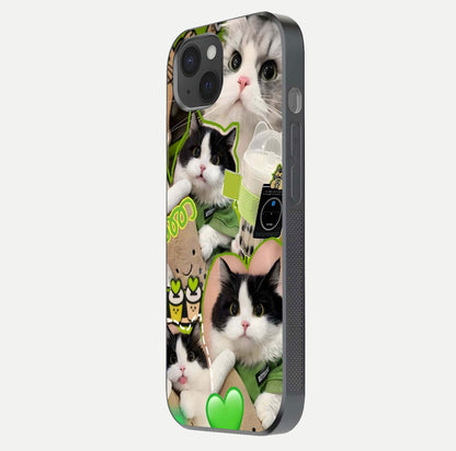 Matcha Cats Mood Glass Case for iPhone 15 Plus side-angle image showing shine clarity and cat pattern charm