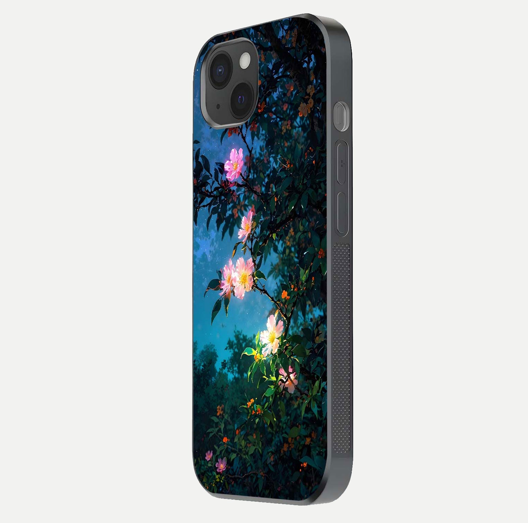 Midnight Bloom Glow Glass Case for iPhone 15 Plus side-angle image revealing reflection and deep midnight hues