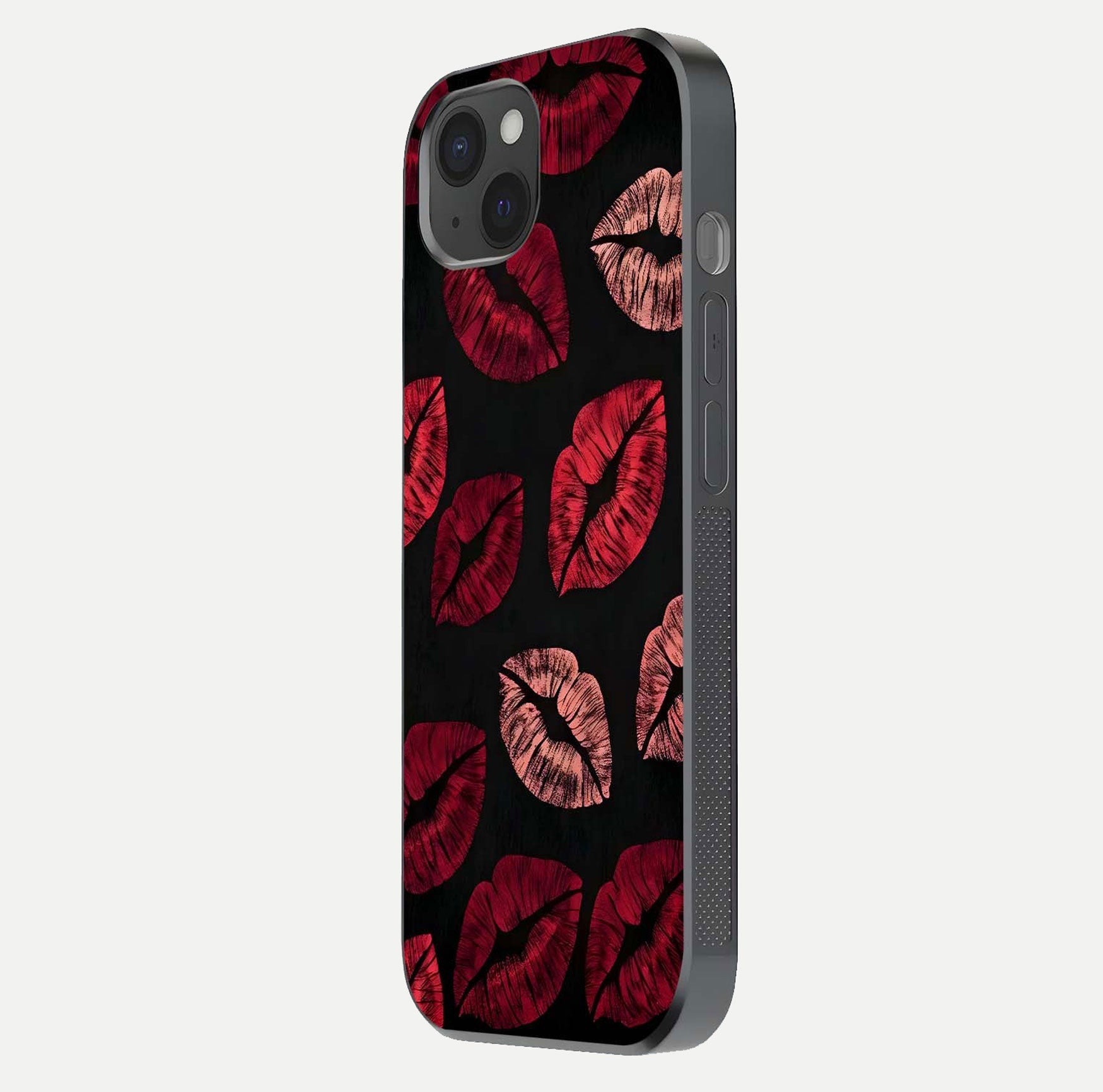 Midnight Kiss Love Glass Case for iPhone 15 Plus side-angle image revealing gloss texture and deep love motif