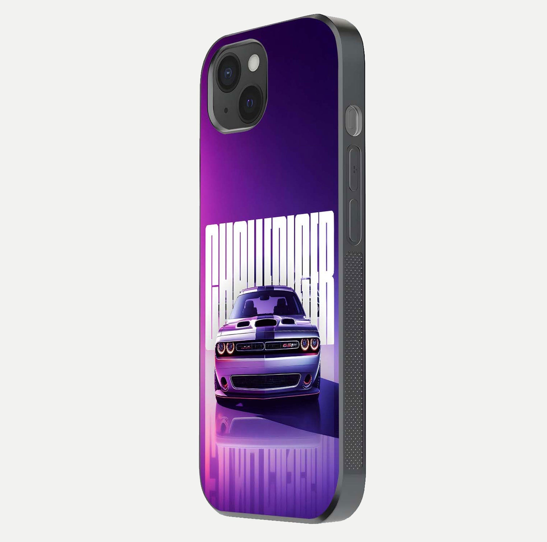 Midnight Muscle Ride Glass Case for iPhone 15 Plus side-angle image showing reflection clarity and bold design