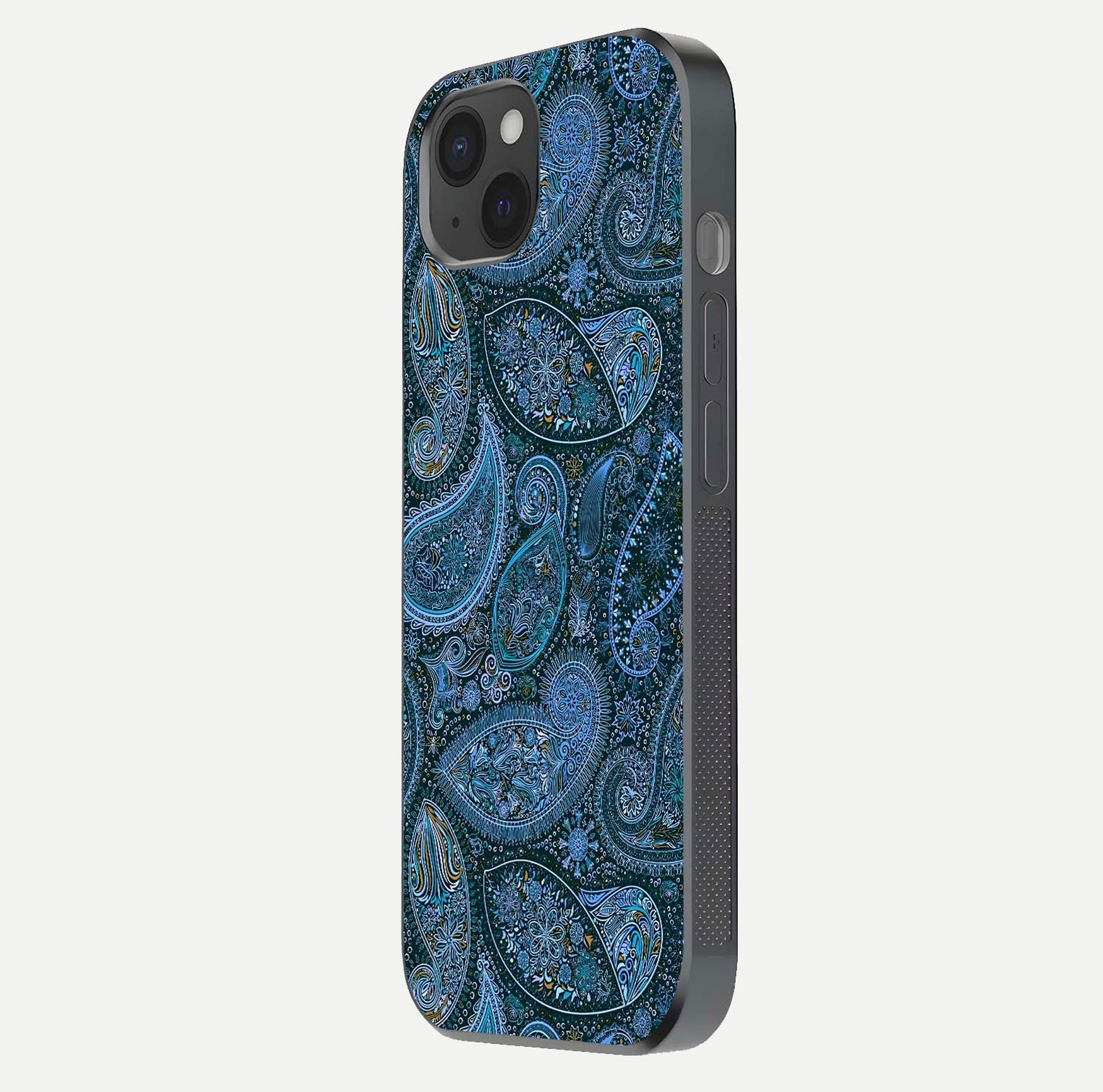 Midnight Paisley Glow Glass Case for iPhone 15 Plus side-angle image revealing reflective gloss and paisley art