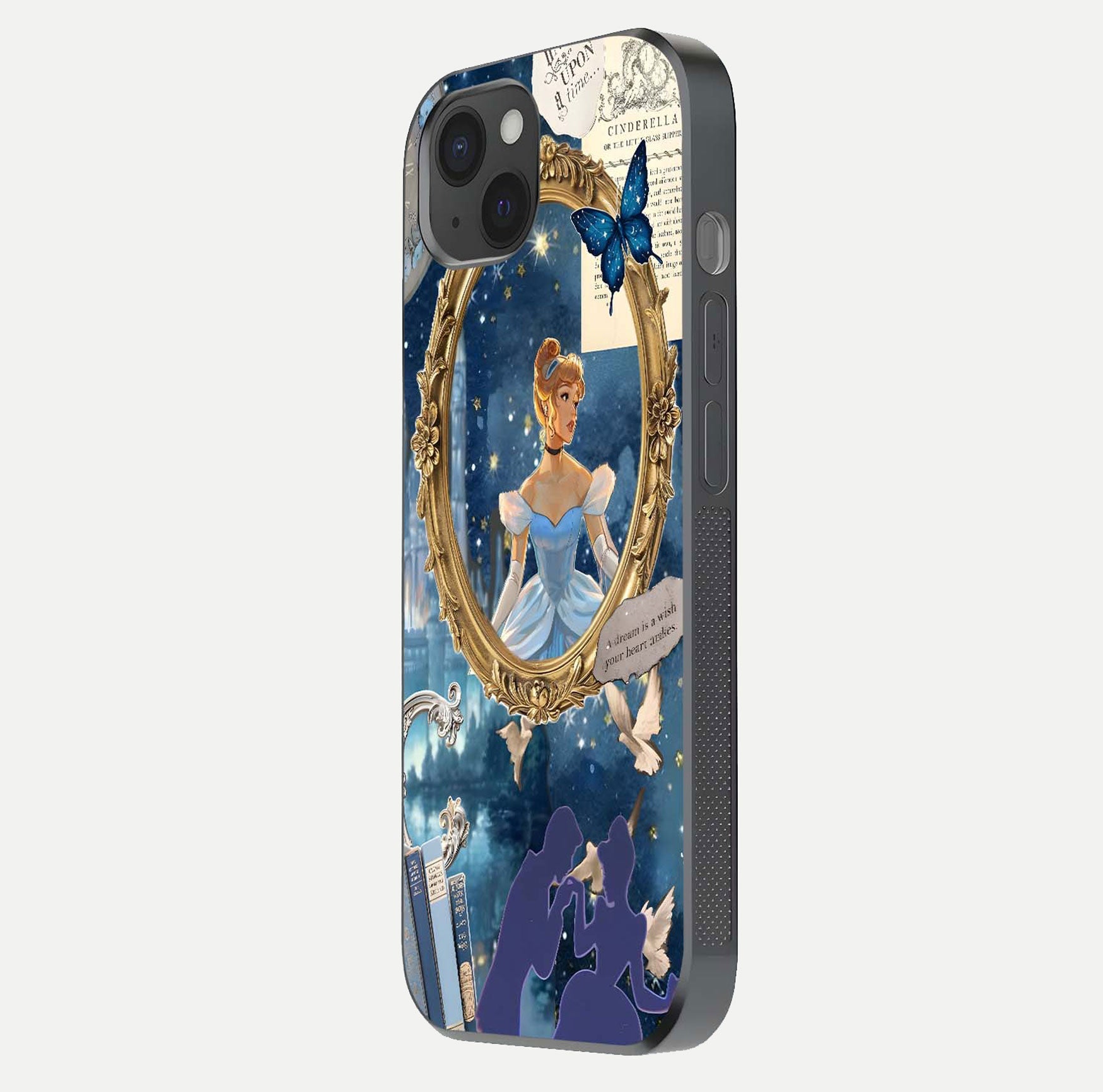 Midnight Queen Glass Case for iPhone 15 Plus side-angle image showing reflection brightness and elegant tone