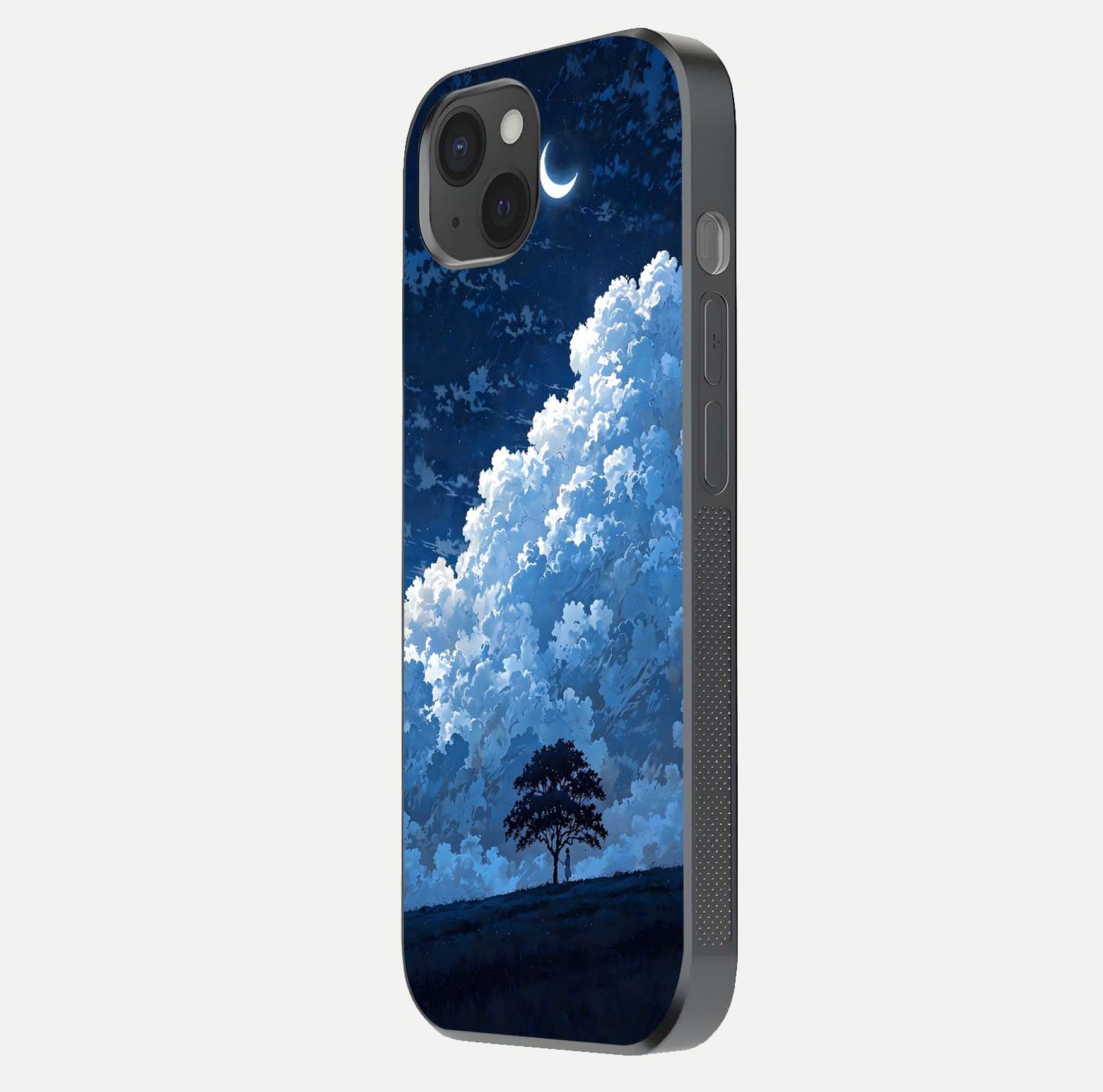 Midnight Sky Serenity Glass Case for iPhone 15 Plus side-angle image showing soft glow and smooth reflection