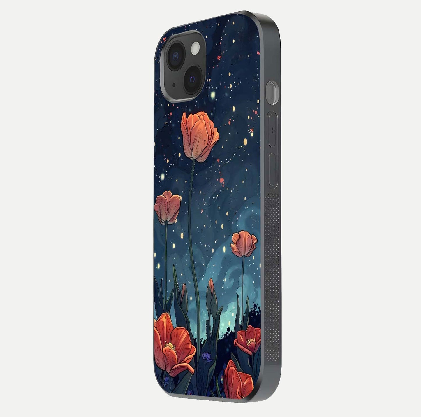Midnight Tulip Glow Glass Case for iPhone 15 Plus side-angle image showing shine depth and flower artwork