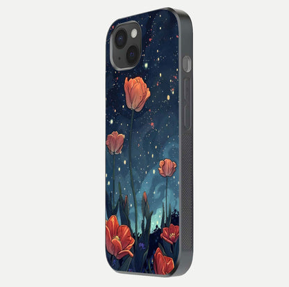 Midnight Tulip Glow Glass Case for iPhone 15 Plus side-angle image showing shine depth and flower artwork
