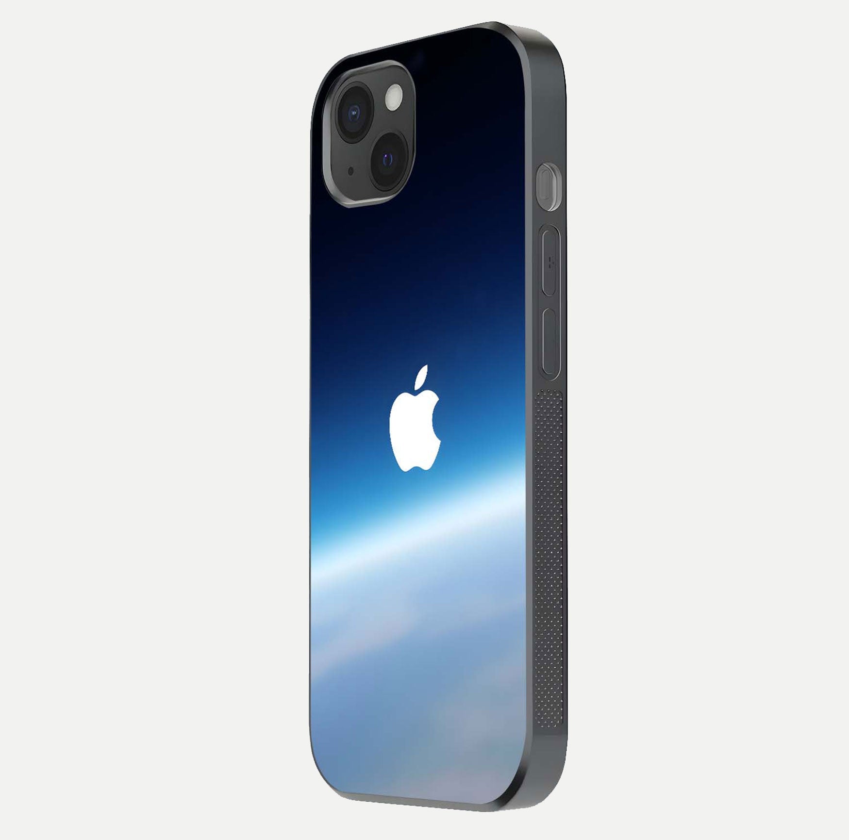 Minimal Apple Sky Glass Case for iPhone 15 Plus side-angle image showing smooth reflection and gentle sky tone