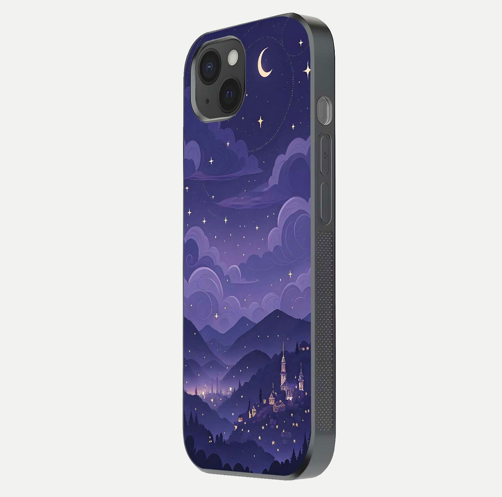 Minimal Night View Glass Case for iPhone 15 Plus side-angle image showing subtle reflection and urban design