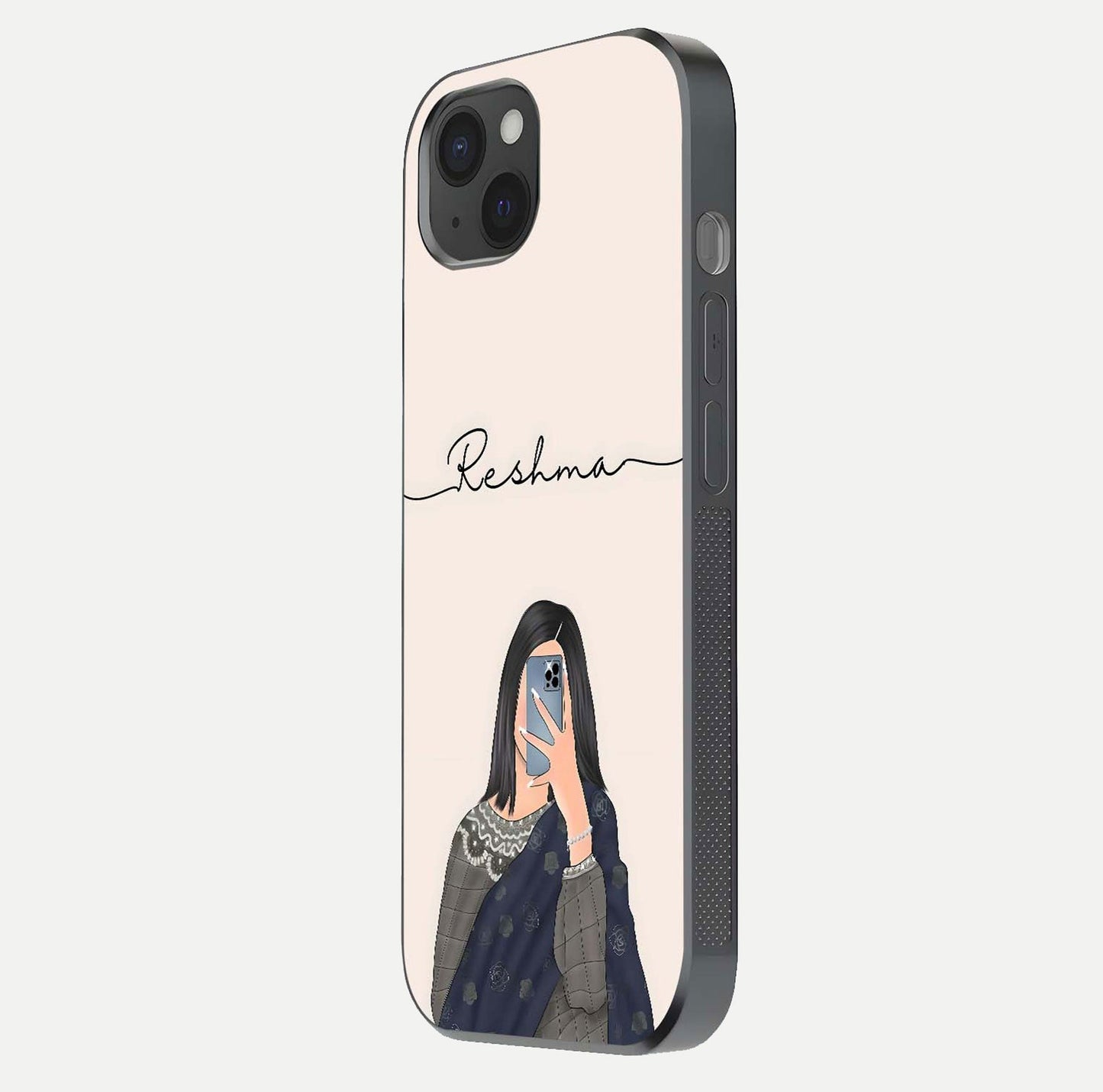 Mirror Mood Muse Custom Name Glass Case for iPhone 15 Plus side-angle image emphasizing glossy mirror texture