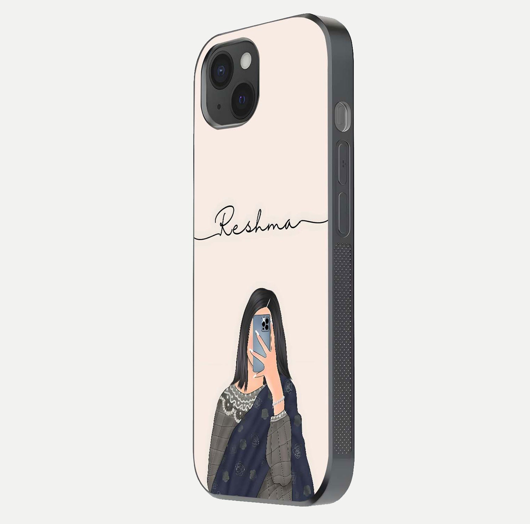 Mirror Mood Muse Custom Name Glass Case for iPhone 15 Plus side-angle image emphasizing glossy mirror texture