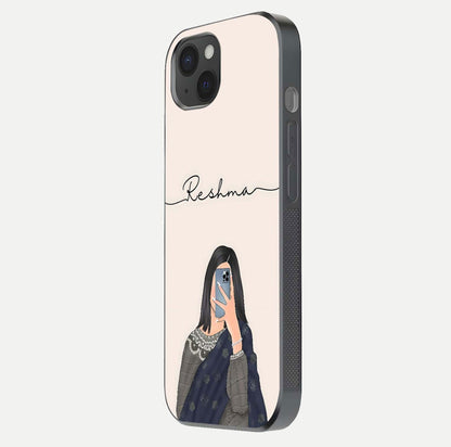 Mirror Mood Muse Custom Name Glass Case for iPhone 15 Plus side-angle image emphasizing glossy mirror texture