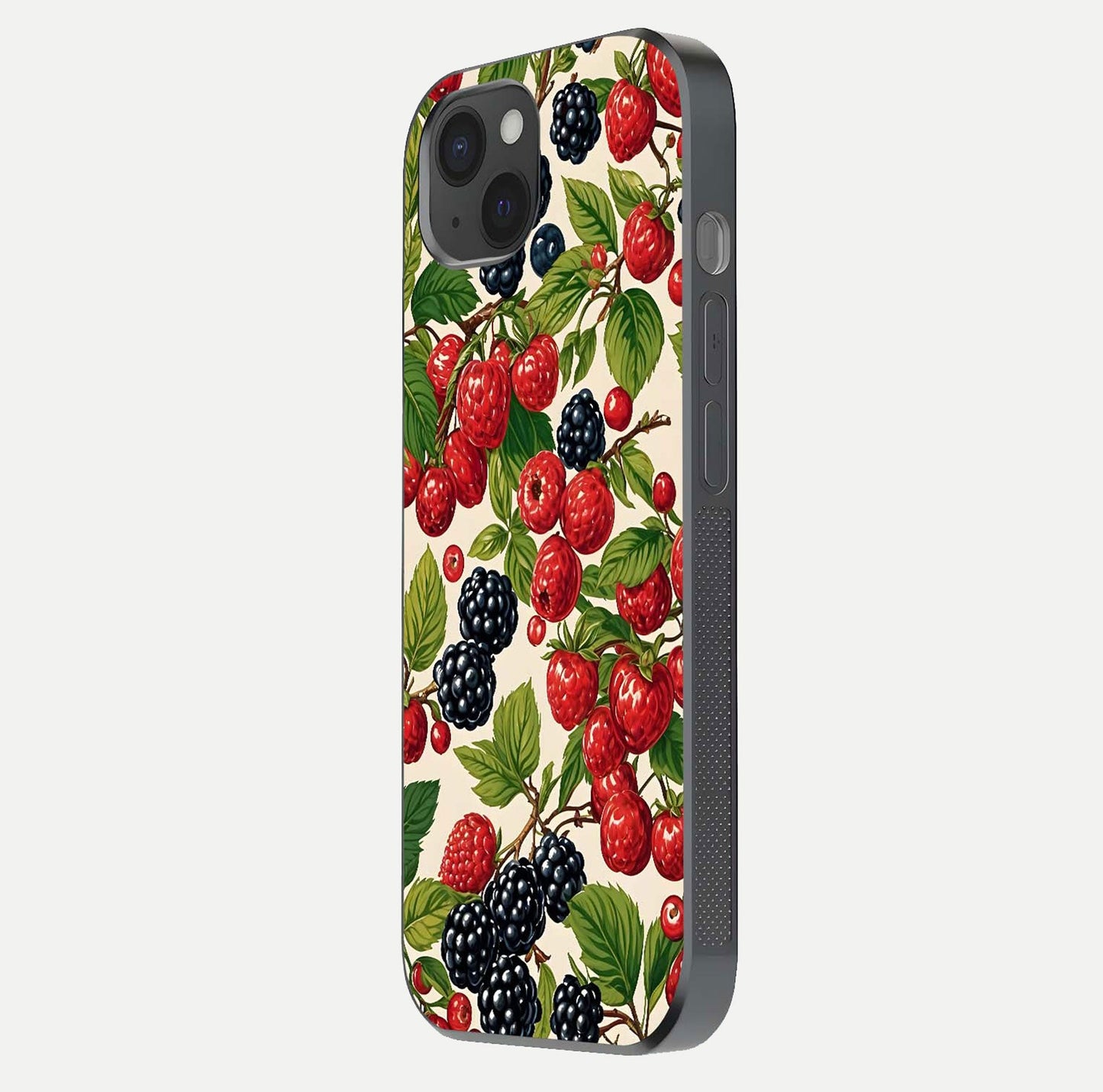 Mixed Berry Collage Glass Case for iPhone 15 Plus side-angle image showing reflection and HD fruit texture