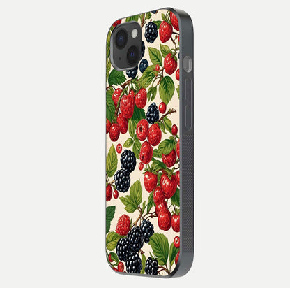 Mixed Berry Collage Glass Case for iPhone 15 Plus side-angle image showing reflection and HD fruit texture