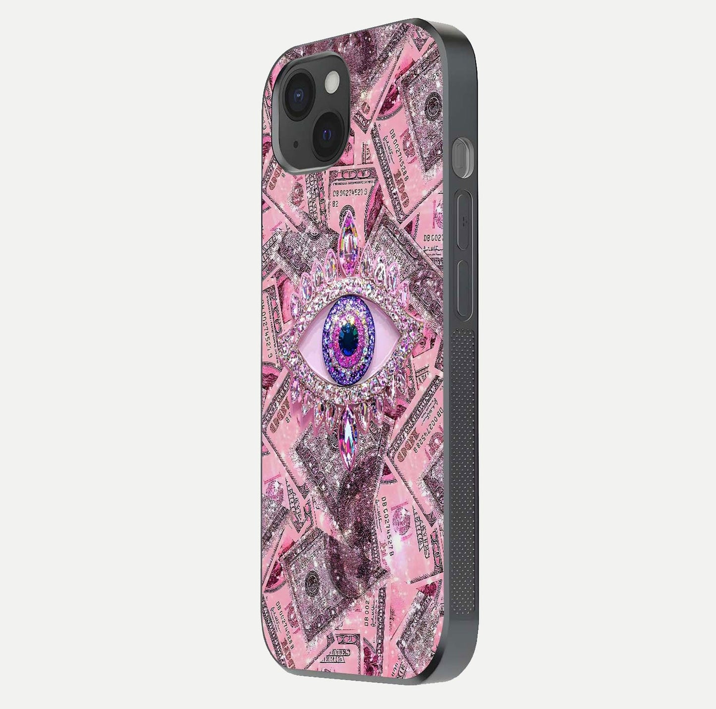Money Eye Luxe Glass Case for iPhone 15 Plus side-angle image showing HD reflection and luxury print clarity