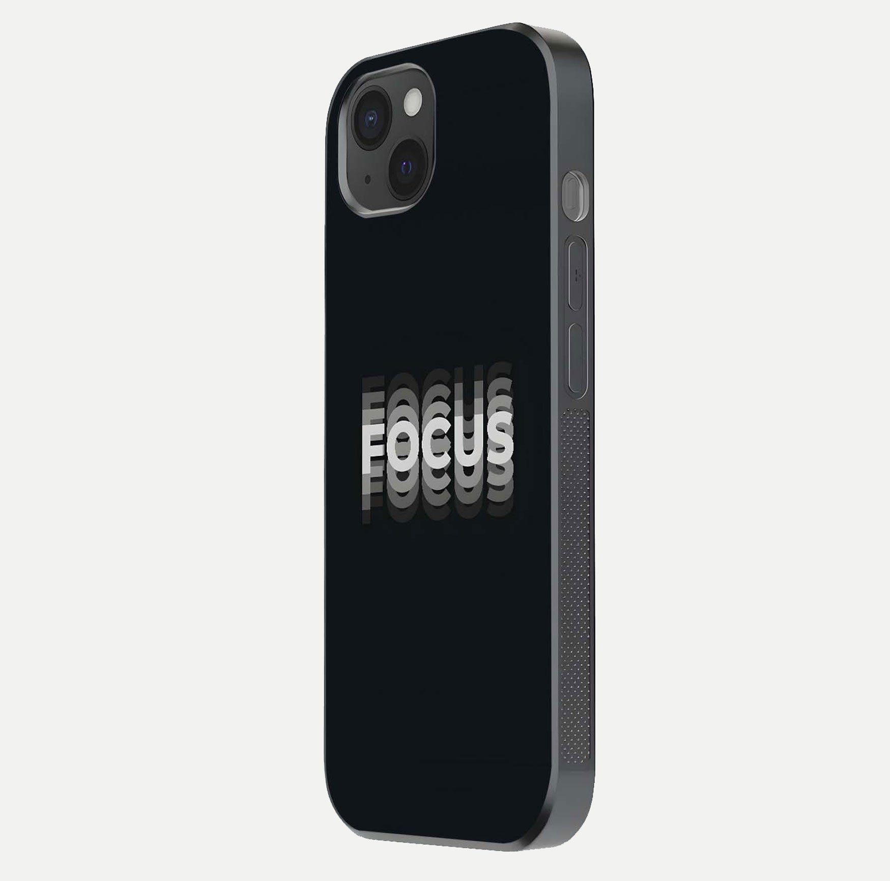 Mono Focus Vision Glass Case for iPhone 15 Plus side-angle image showing smooth reflection and minimal tones