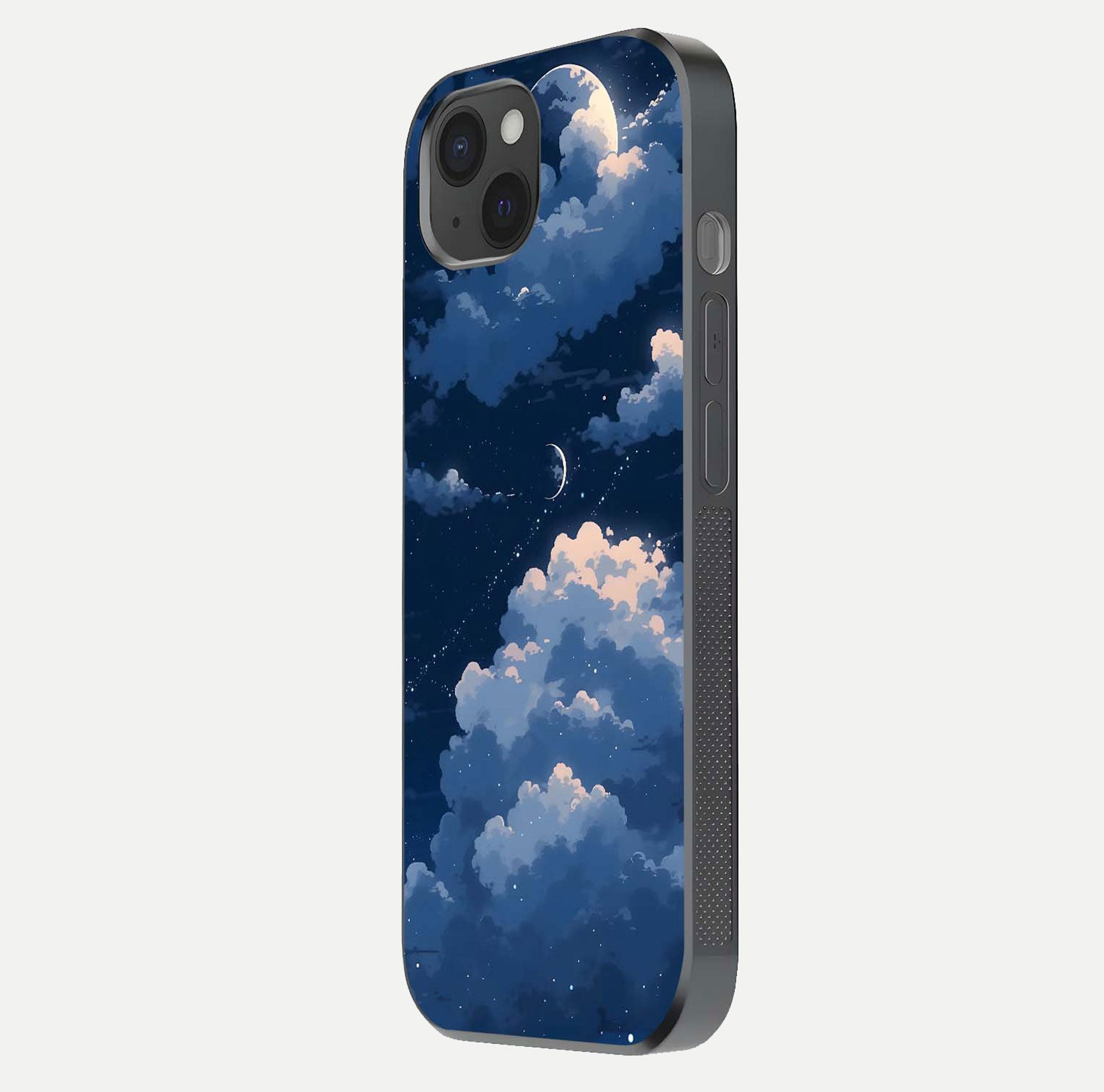 Moon Dream Haze Glass Case for iPhone 15 Plus side-angle image showing HD reflection and moonlight detailing