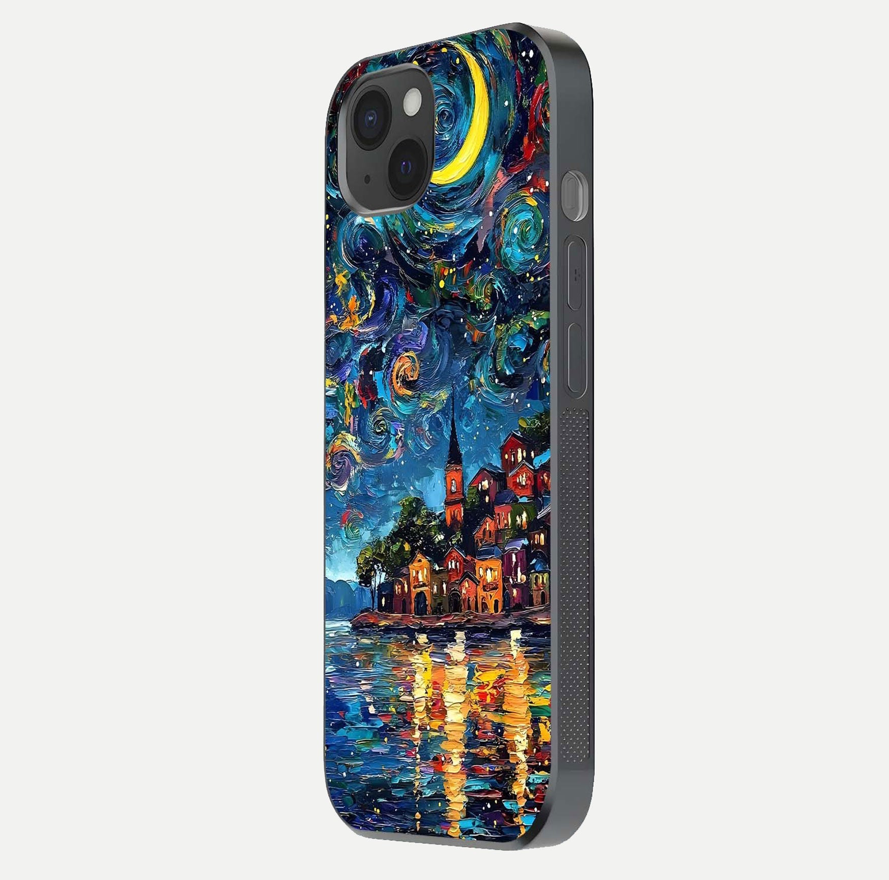 Moonlight Harbor Glow Glass Case for iPhone 15 Plus side-angle image showing reflective surface and ocean tones