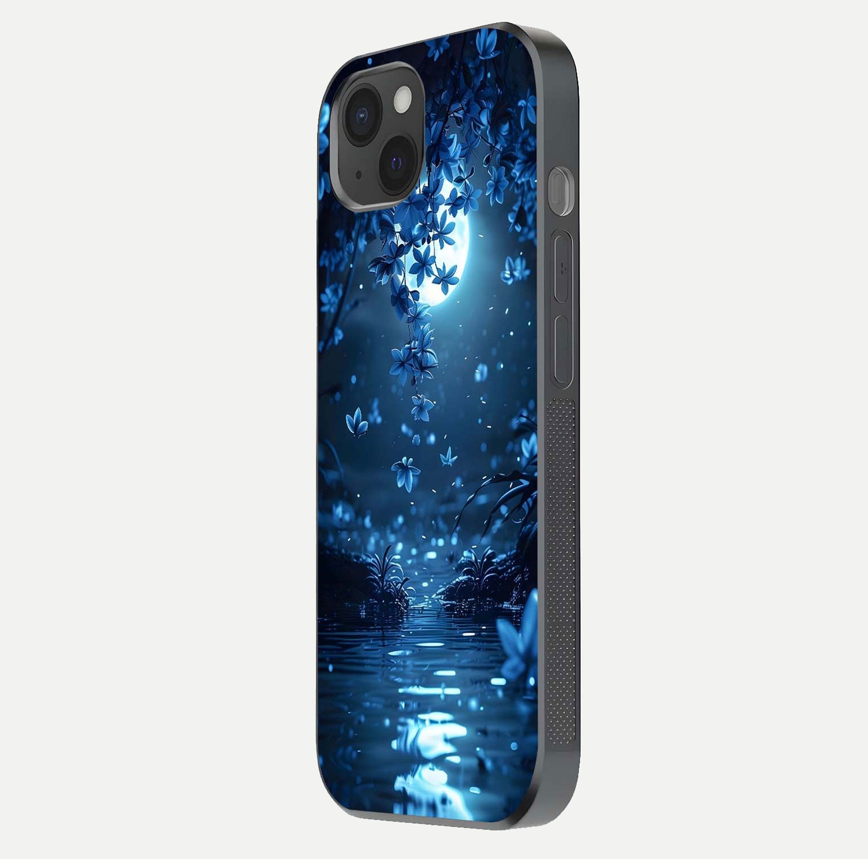 Moonlight Petal Dream Glass Case for iPhone 15 Plus side-angle image showing reflection and petal detail