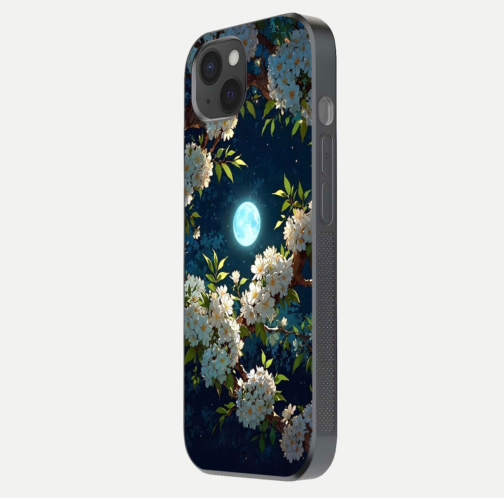 Moonlit Blossom Dream Glass Case for iPhone 15 Plus side-angle image showing shine depth and flower glow