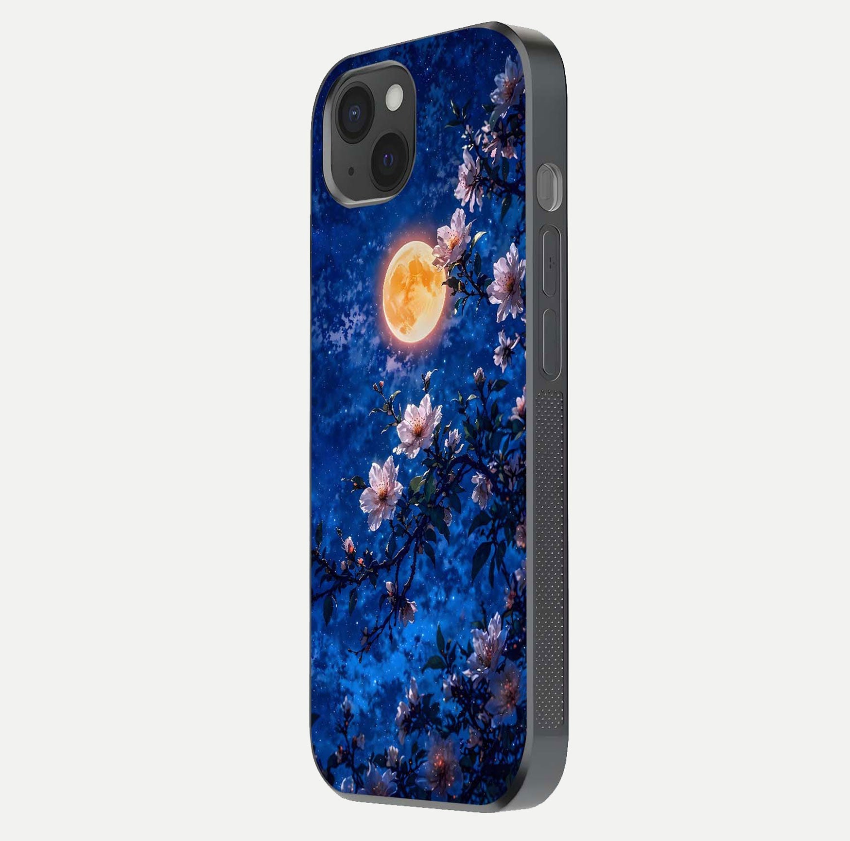 Moonlit Blossoms Night Glass Case for iPhone 15 Plus side-angle image revealing shine and night bloom texture