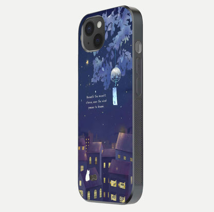 Moonlit Cat Silence Glass Case for iPhone 15 Plus side-angle image showing HD gloss and feline artwork detail