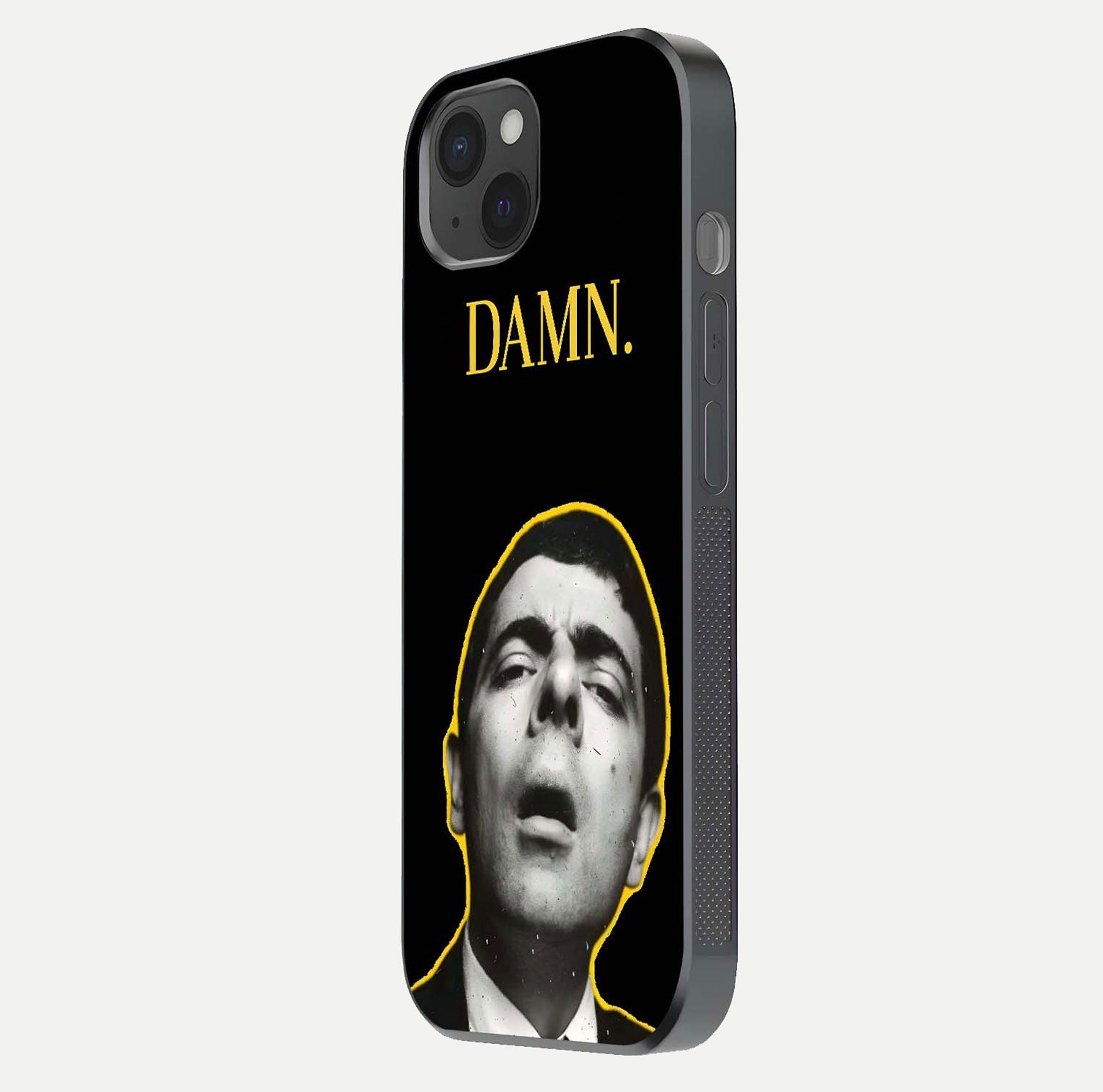 Mr Bean Damn Glass Case for iPhone 15 Plus side-angle image emphasizing HD print clarity and playful theme