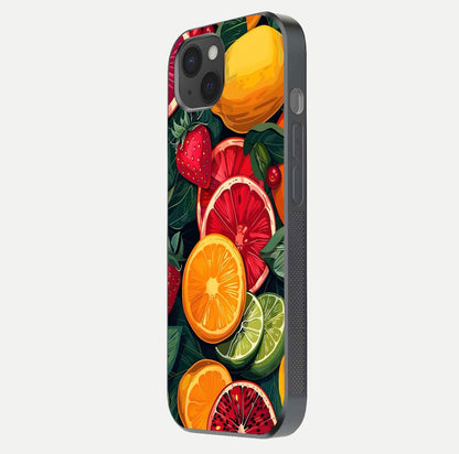 Multiple Fruits Glass Case for iPhone 15 Plus side-angle image showing glossy surface and vivid fruit pattern