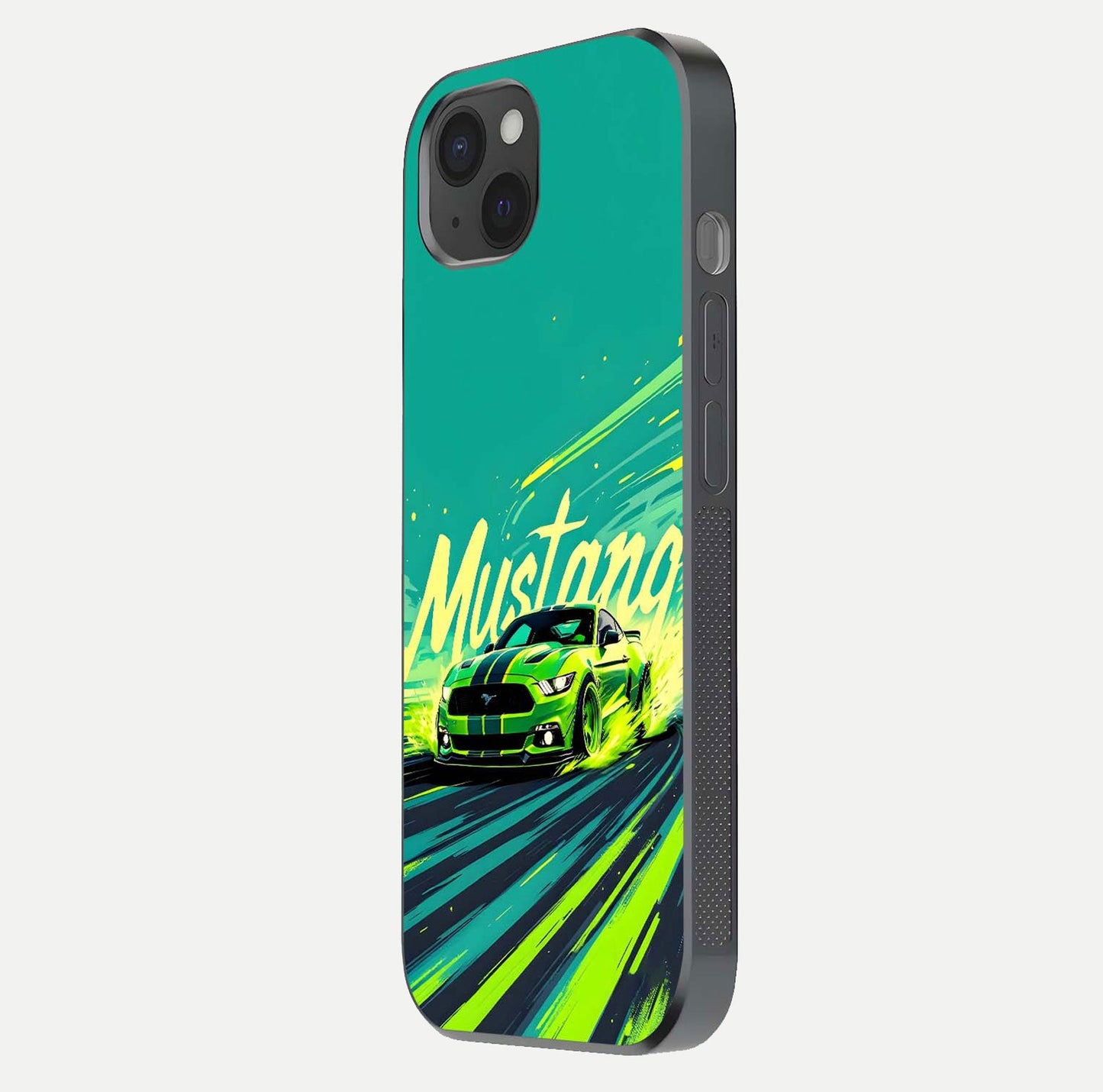 Mustang Bang Glass Case for iPhone 15 Plus side-angle image showing reflection clarity and bold car artwork