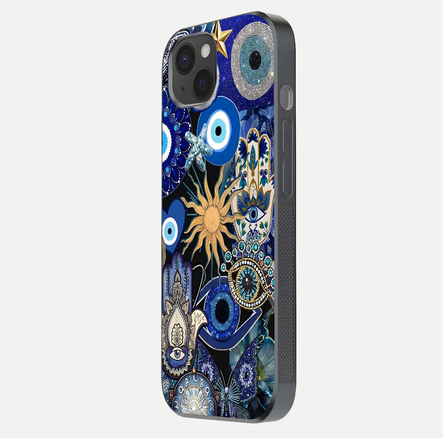 Mystic Blue Evil Eye Glass Case for iPhone 15 Plus side-angle image showing smooth gloss and charm design