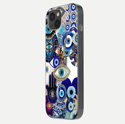 Mystic Charm Eye Glass Case for iPhone 15 Plus side-angle image showing HD reflection and sacred tone