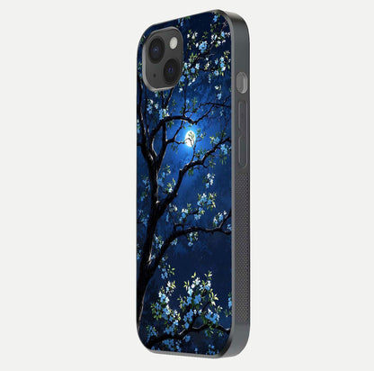 Mystic Floral Night Glass Case for iPhone 15 Plus side-angle image showing gloss surface and midnight floral tones