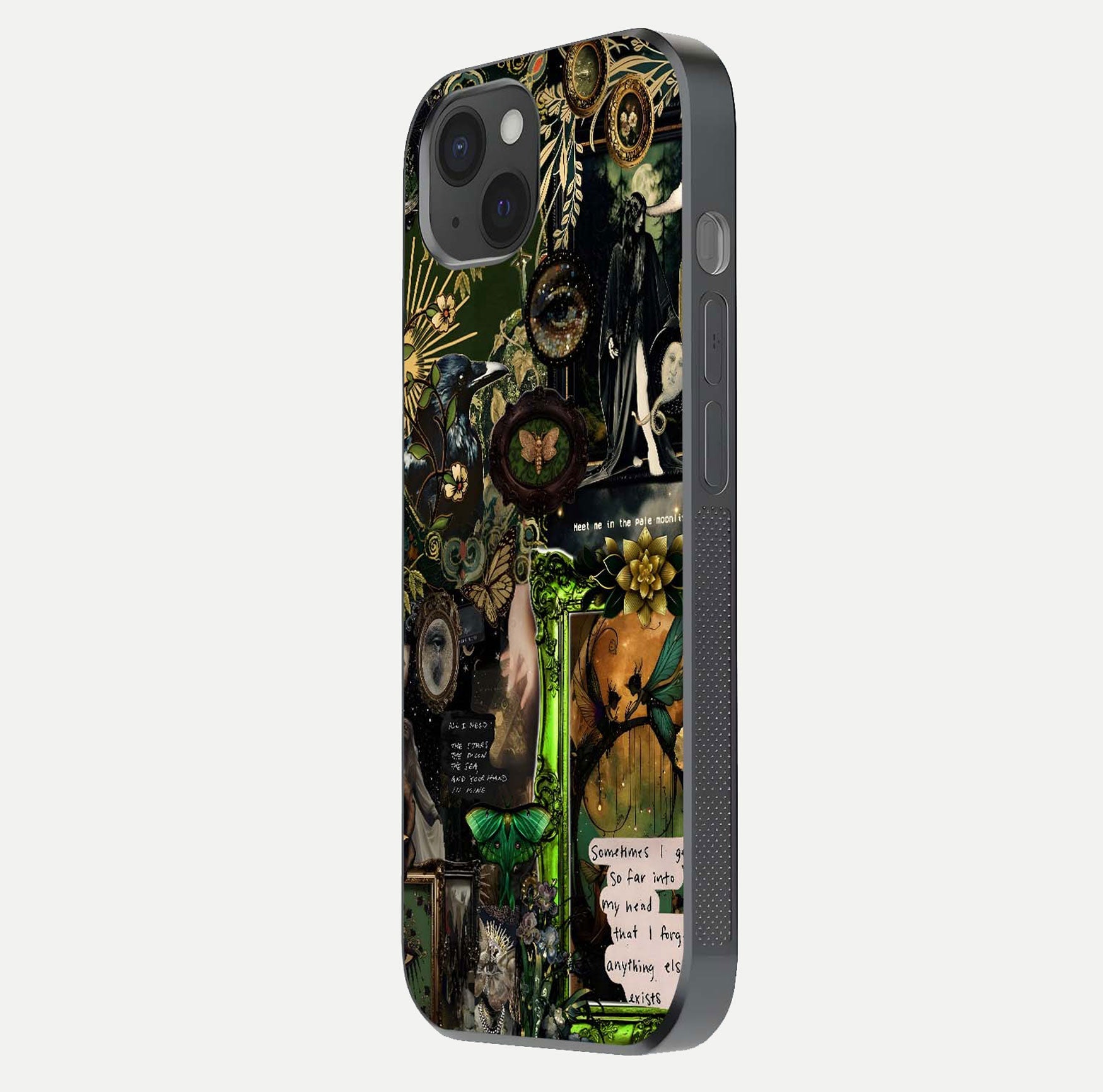 Mystic Woods Secret Glass Case for iPhone 15 Plus side-angle image showing gloss reflection and forest pattern