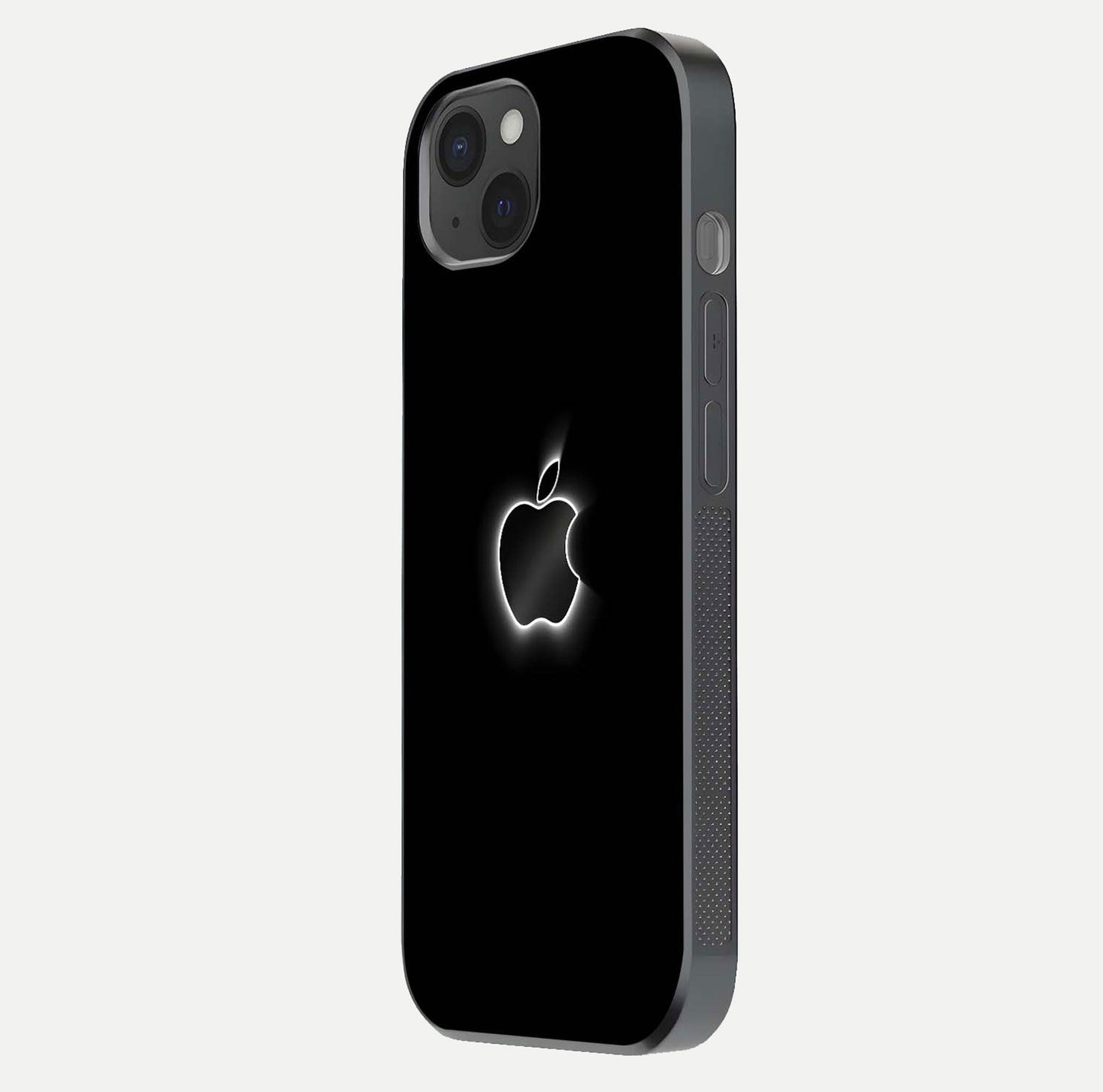 Neon Apple Glow Glass Case for iPhone 15 Plus side-angle image showing light reflection and glow effect