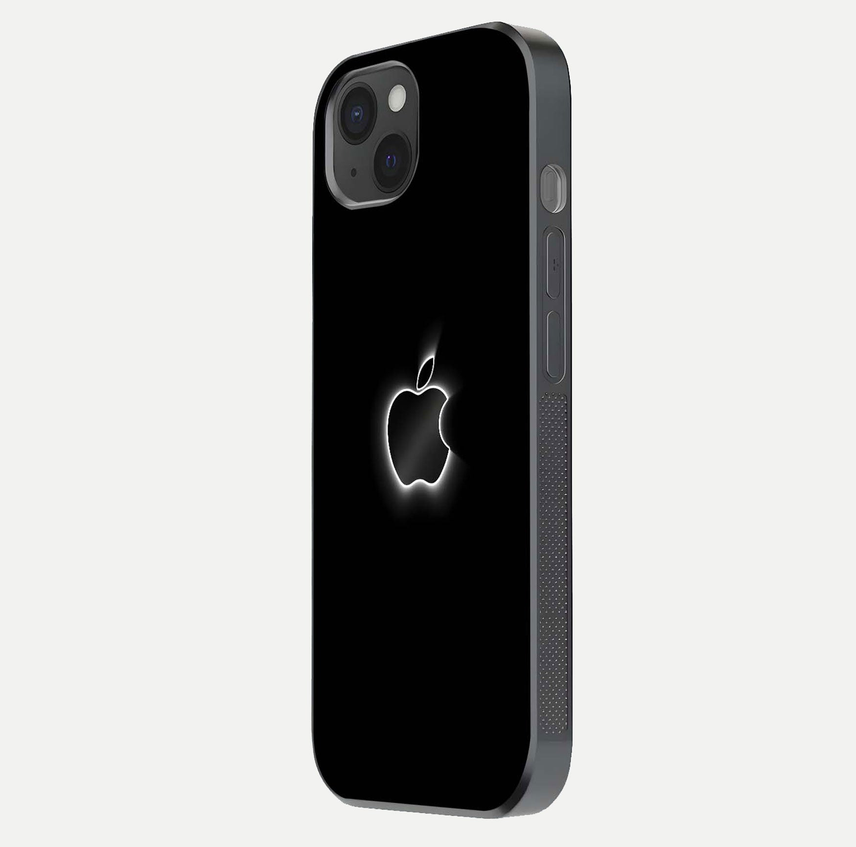 Neon Apple Glow Glass Case for iPhone 15 Plus side-angle image showing light reflection and glow effect