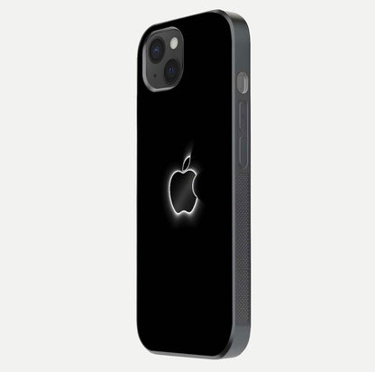 Neon Apple Glow Glass Case for iPhone 15 Plus side-angle image showing light reflection and glow effect
