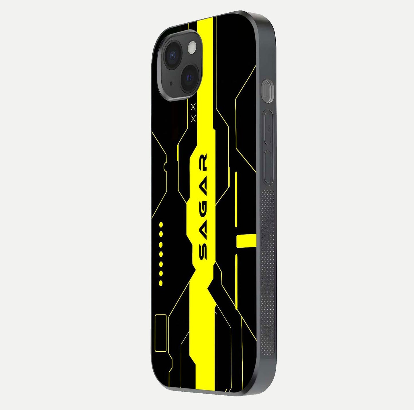 Neon CYBERPUNK Custom Name Glass Case for iPhone 15 Plus side-angle image showing glow depth and bold print