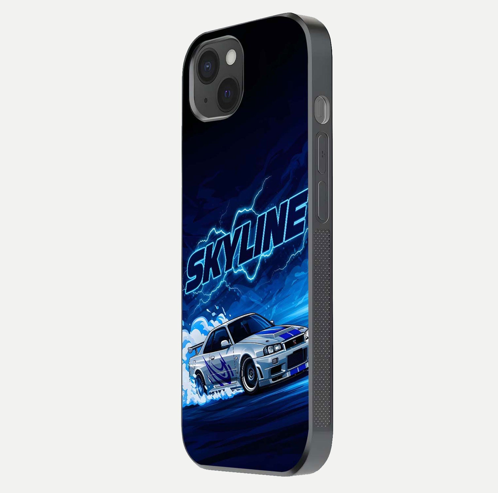 Neon Drift Beast Glass Case for iPhone 15 Plus side-angle image showing reflection depth and bold neon tones