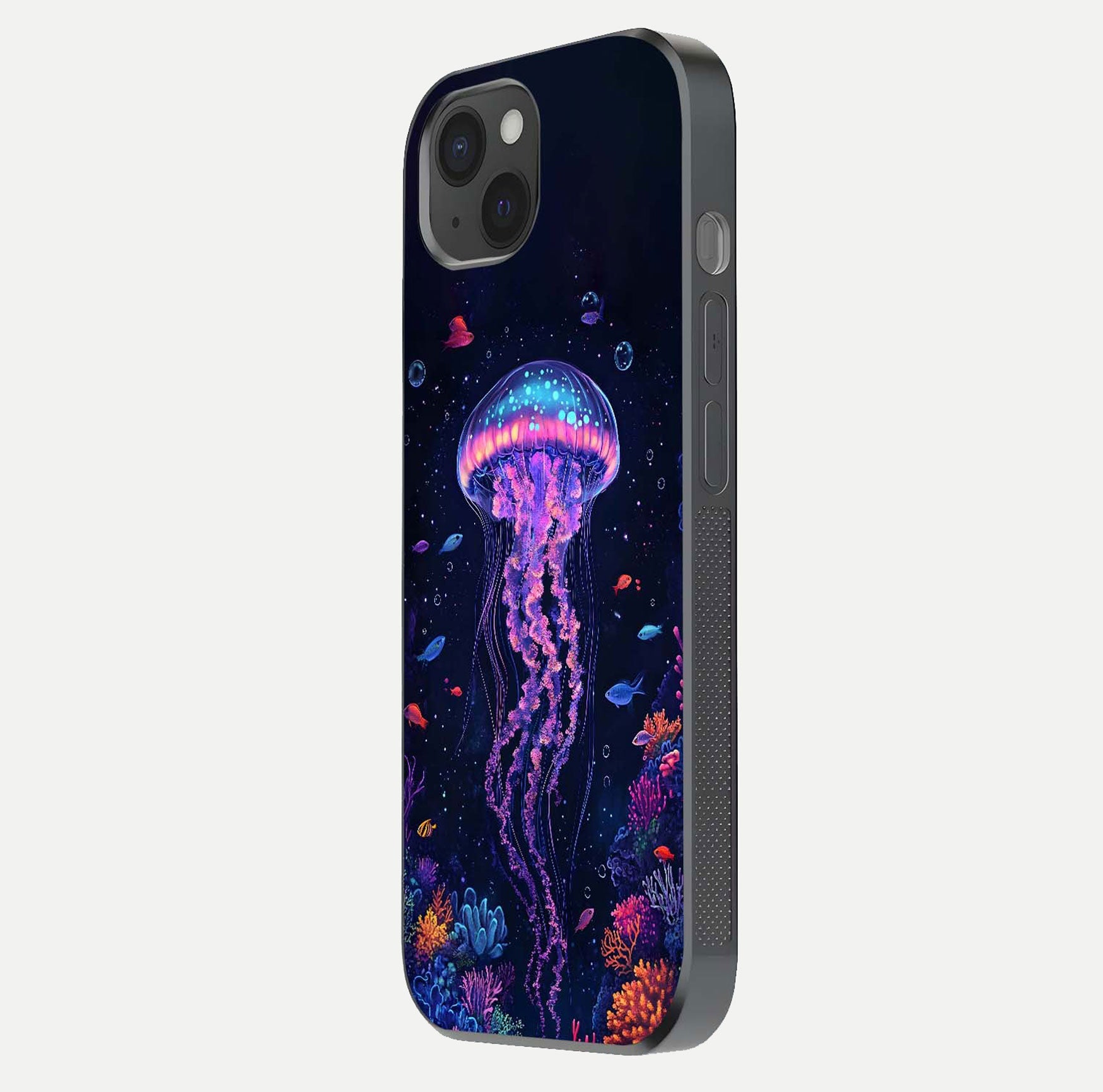 Neon Jellyfish Glass Case for iPhone 15 Plus side-angle image showing reflection and oceanic light detailing