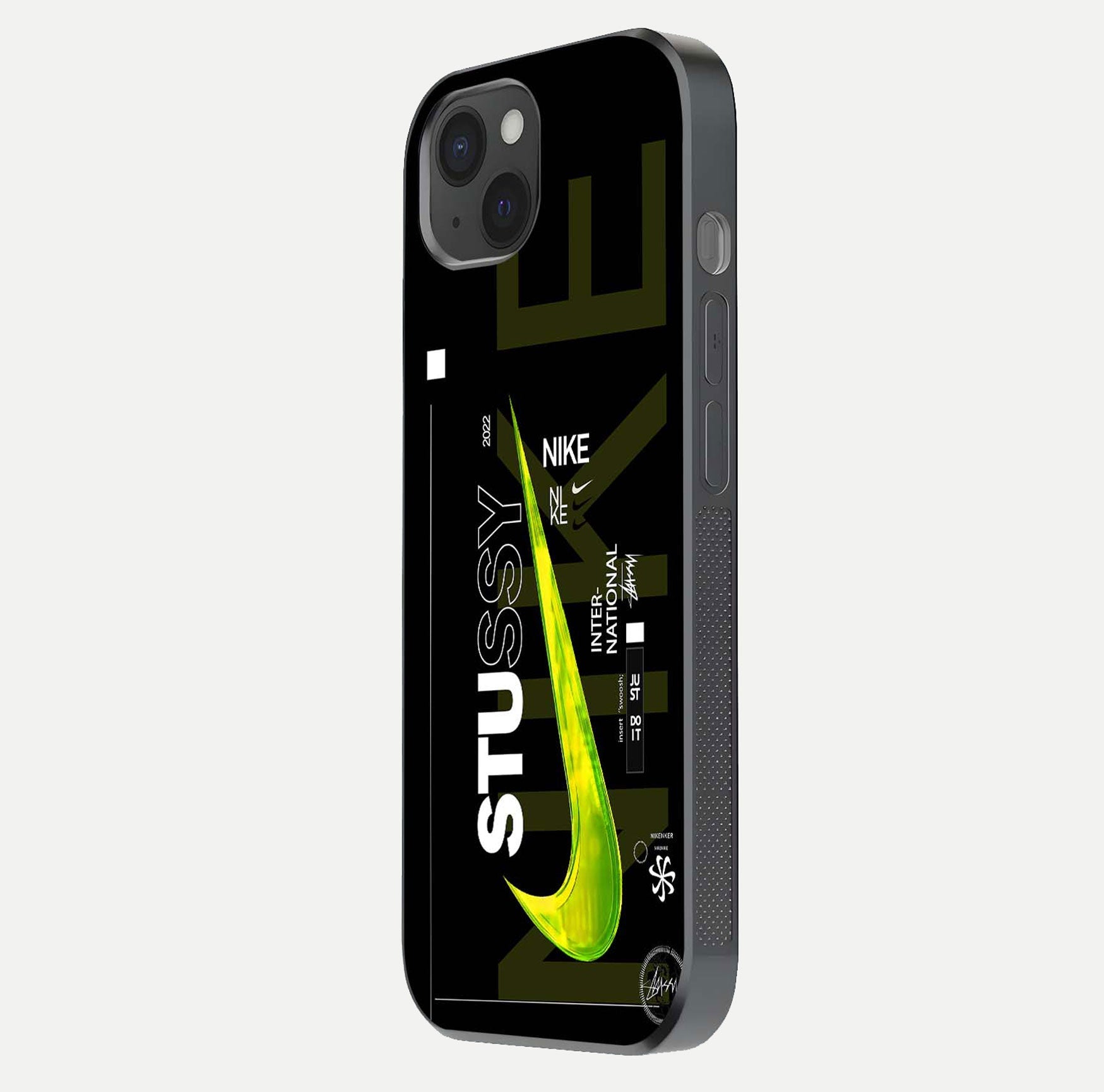 Neon Street Edition Glass Case for iPhone 15 Plus side-angle image showing reflection depth and modern tones