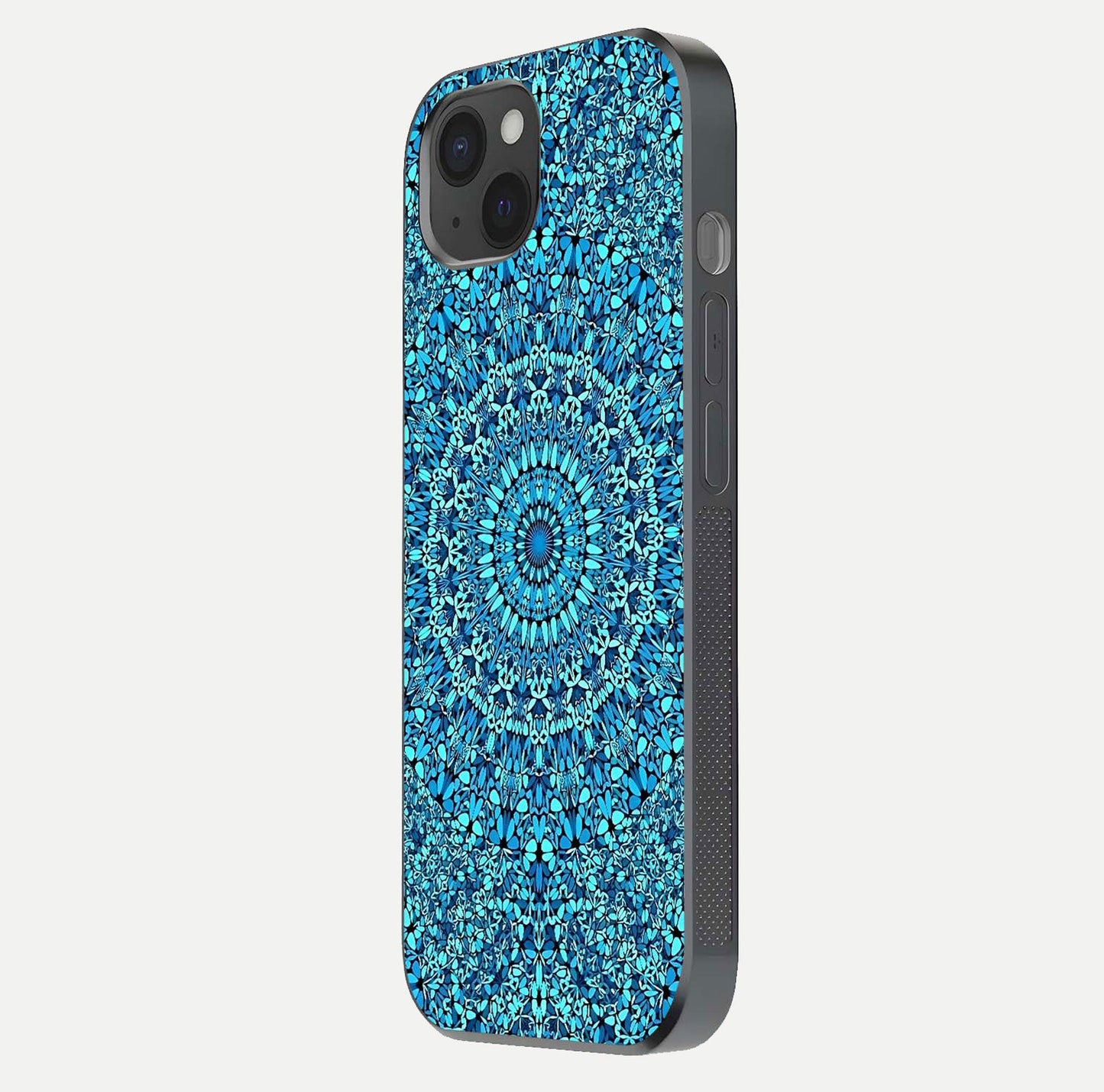 Ocean Bloom Mandala Glass Case for iPhone 15 Plus side-angle image showing reflection and detailed floral pattern