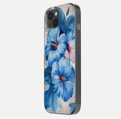Ocean Hibiscus Grace Glass Case for iPhone 15 Plus side-angle image showing smooth texture and hibiscus details