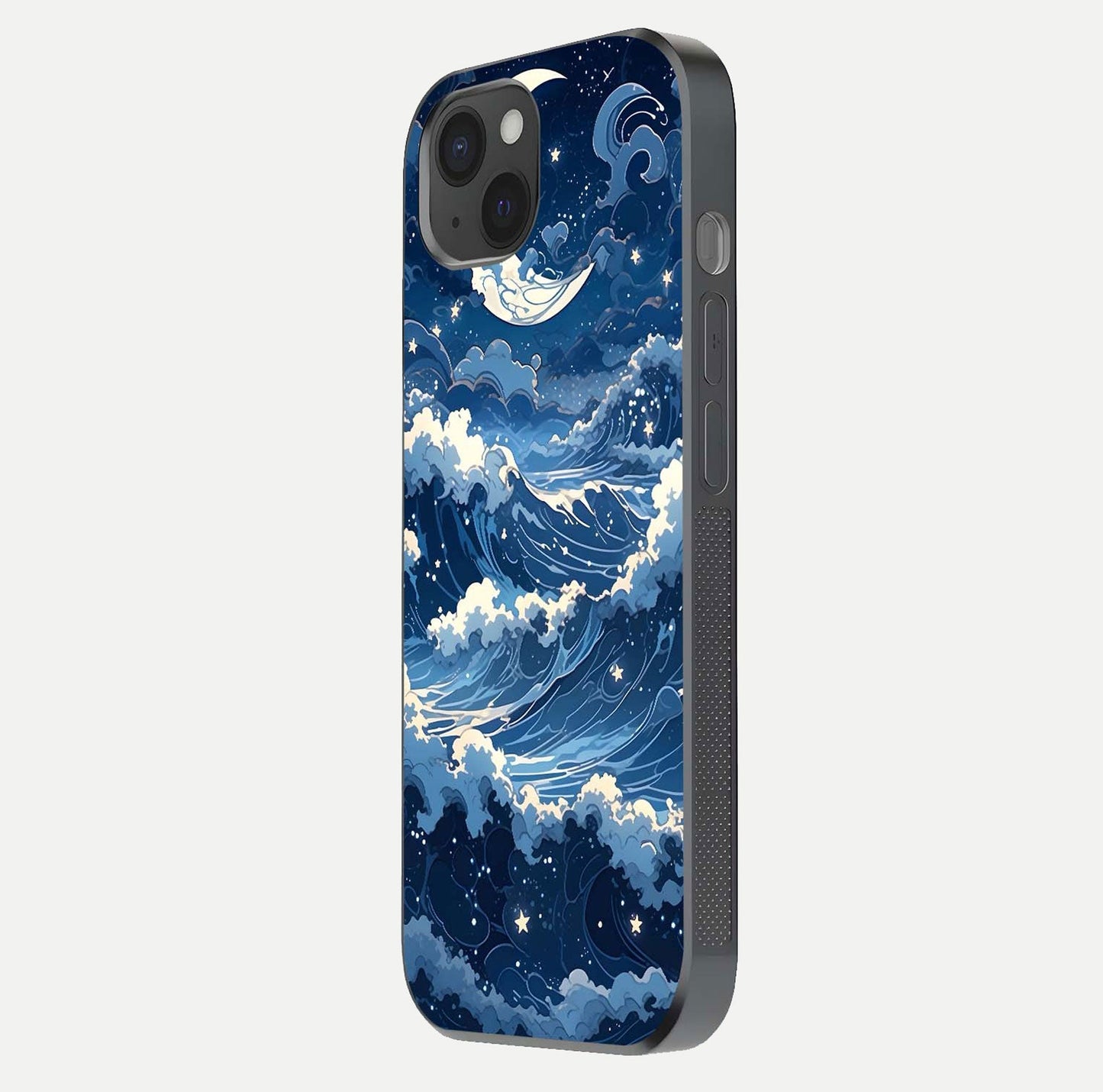 Ocean Moon Waves Glass Case for iPhone 15 Plus side-angle image showing shine and ocean gradient tones