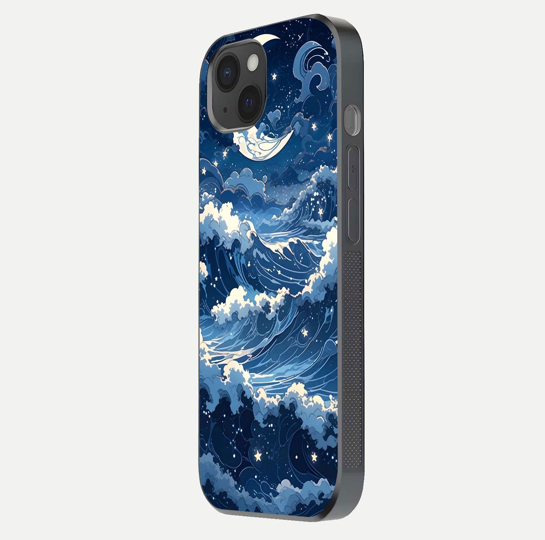 Ocean Moon Waves Glass Case for iPhone 15 Plus side-angle image showing shine and ocean gradient tones