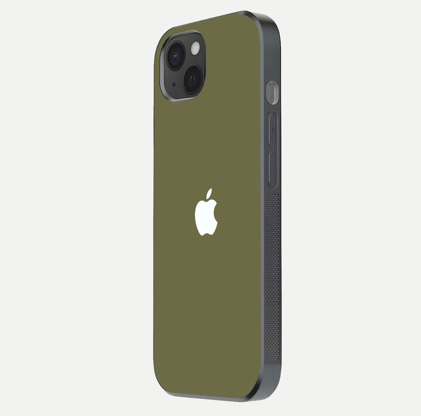 Olive Matte Essence Glass Case for iPhone 15 Plus side-angle image showing soft hue and elegant smooth surface