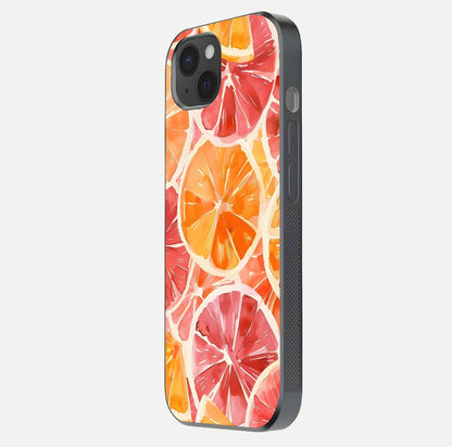 Orange Fruits Pattern Glass Case for iPhone 15 Plus side-angle image showing glossy shine and citrus pattern