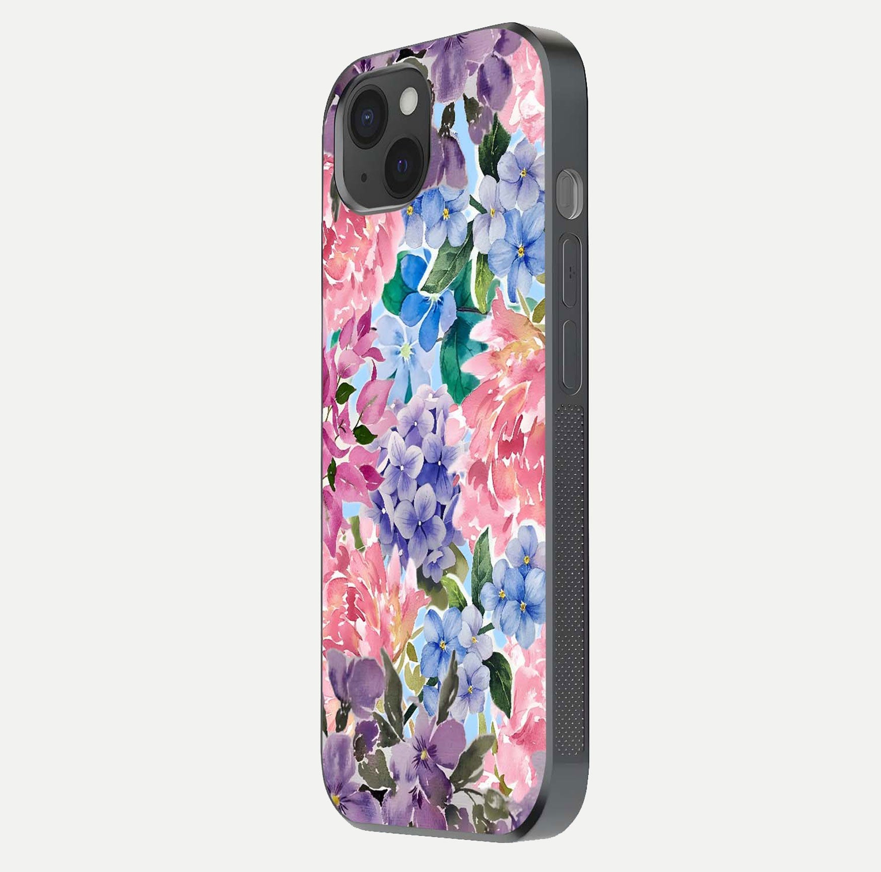 Pastel Floral Mix Glass Case for iPhone 15 Plus side-angle image showing reflection and delicate pastel hues