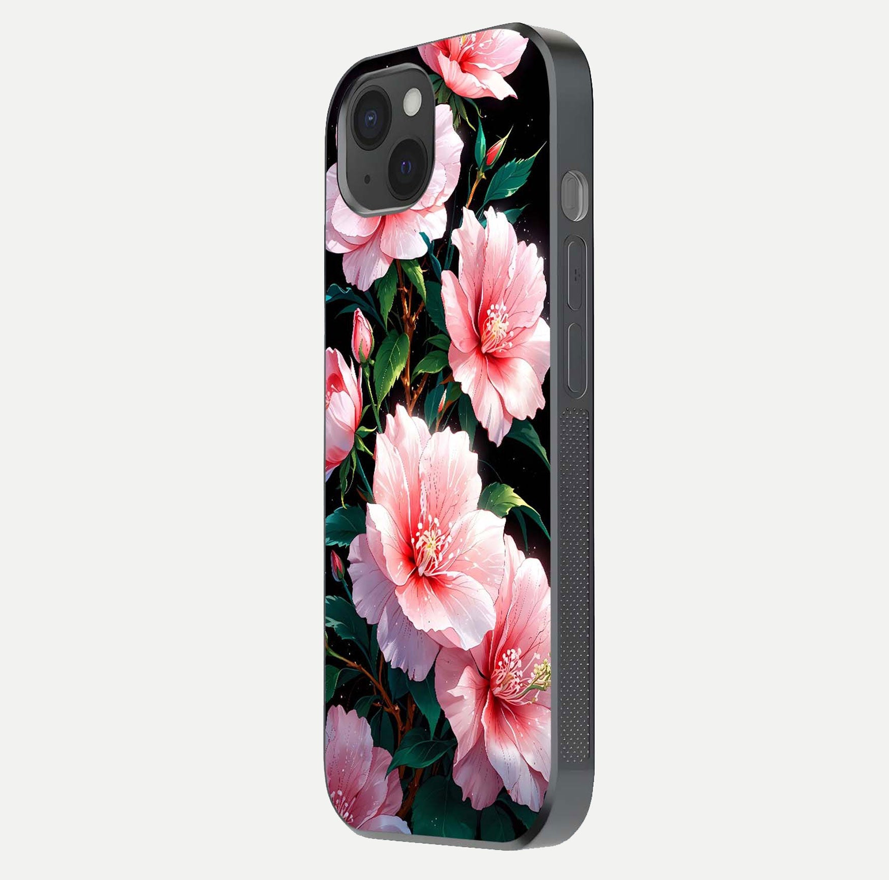 Peach Flower Glass Case for iPhone 15 Plus side-angle image showing gloss depth and peach blossom detail