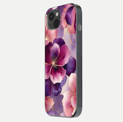 Pink Bouquet Florals Glass Case for iPhone 15 Plus side-angle image showing floral texture and reflection clarity