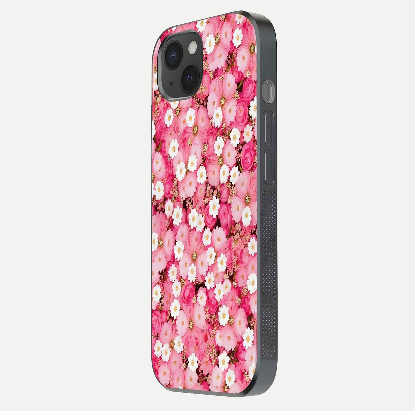 Pink Daisy Bliss Glass Case for iPhone 15 Plus side-angle image showing delicate daisy pattern and glass reflection